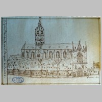 Reims, Saint-Jaques, l'église début XIXe avec ses maisons de bois formant galerie, photo Garitan, Wikipedia.JPG